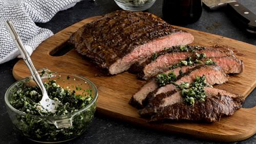 Beer Marinated Flank Steak with Blue Cheese Chimichurri